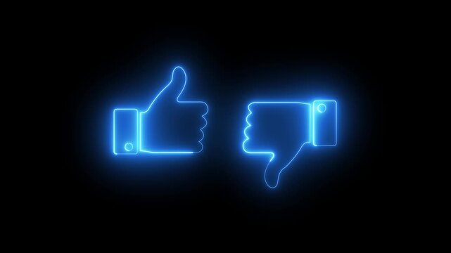 Neon Like/Dislike Buttons: Glowing Thumb Icons for Social Media Interaction and Approval in Abstract Design Glowing neon Like and dislike icon. Thumbs up and thumbs Colorful neon light glowing icon.