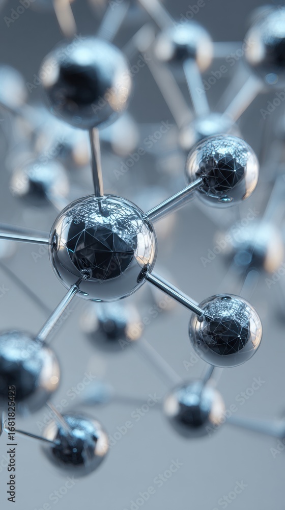 Poster a close-up view of a detailed molecular structure featuring interconnected atoms with a shiny metall