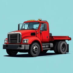 Red flatbed truck parked against a vibrant blue background showcasing its bold design and robust features