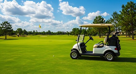 Golf Cart on Green Course Under Blue Sky.