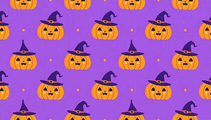Fototapeta premium A cheerful Halloween pattern featuring pumpkins with witch hats, set against a vibrant purple background.