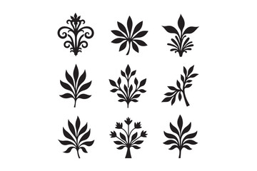 Collection of nine black botanical silhouette decorative elements