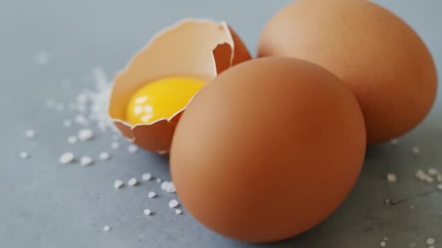 Egg and salt still life close up composition with yolk and shell
