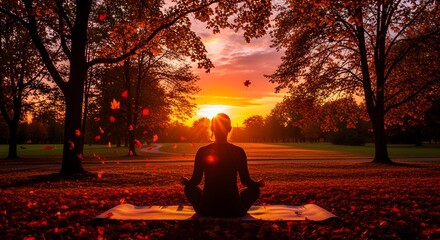 Silhouette of a person meditating during sunset in a park surrounded by falling leaves.
