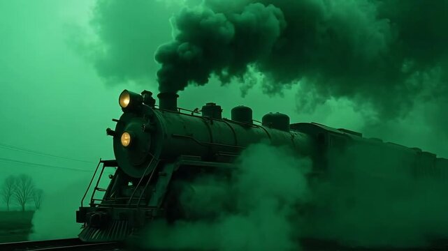 Dramatic vintage steam train chugs through misty landscape emitting plumes of dark smoke under a moody green sky