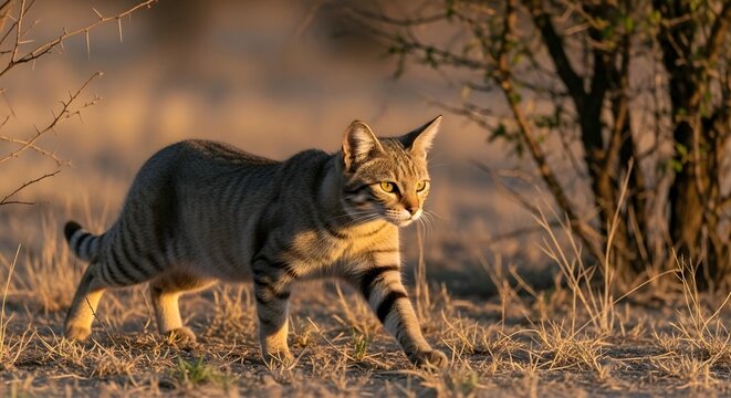 Tabby cat stalking in dry grass with trees, warm sunset tones, focused expression. Natural, wild-like atmosphere. Hunting theme. Meta AI Generated.