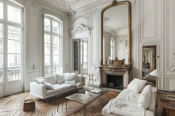 Elegant Parisian Apartment Interior with Ornate Details, Large Windows, and Luxurious Furnishings Presenting a Bright Ambiance