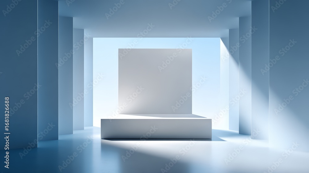 Poster a minimalist architectural space featuring a single illuminated cube.