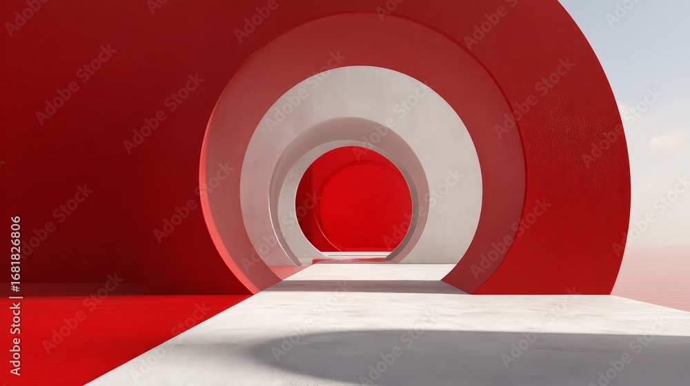 Poster a modern architectural design featuring vibrant red and white circular patterns.