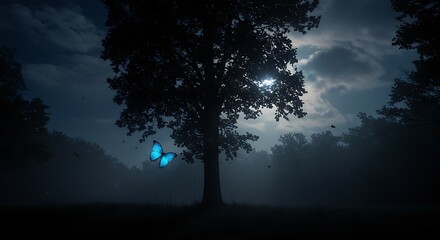 Moonlit Forest with Glowing Butterfly.
