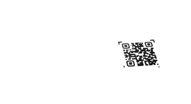 Perfectly rendered, ultra-clean, crisp black qr code with subtle graphic corner brackets, on an expansive transparent background with vast negative space. Concept of digital connectivity