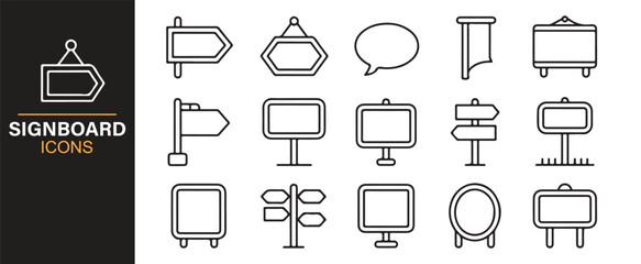 Collection of diverse signboard and directional icons for graphic design projects