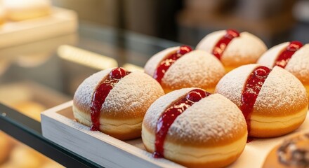 Row of fresh hanukkah donuts dusted with powdered sugar and filled with jam, sweet pastry on a tray.