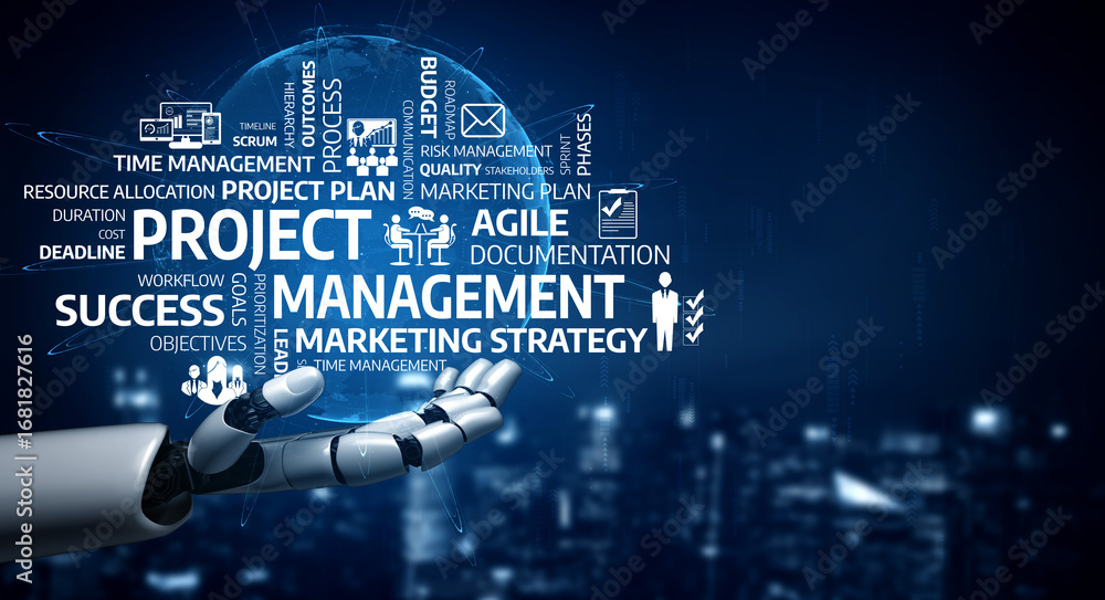 Poster a futuristic robotic hand gestures towards project management concepts and marketing strategies in a