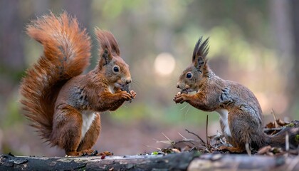 Two Squirrels on Log in Forest