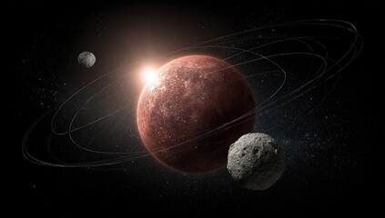 A cosmic scene featuring a reddish-brown planet with rings, orbiting celestial bodies, and a brilliant starburst in the deep, dark expanse of space.