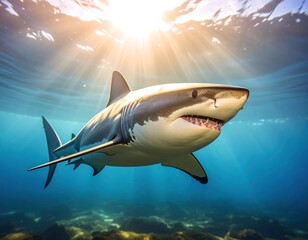 Fototapeta premium Great white shark in sunlight underwater