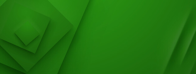 Green abstract background with layered squares on left, creating depth.