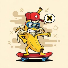 Cool anthropomorphic banana character in sunglasses and hat riding a skateboard with attitude