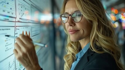 Confident businesswoman analyzing financial data on a large digital screen showcasing charts and - Powered by Adobe