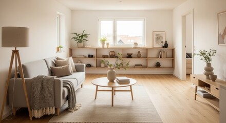 Fototapeta premium Scandinavianinspired room with light wood finishes and minimalist decor portraying fresh interior renovation styles.