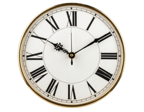 Classic Round Wall Clock with Roman Numerals, Front View, Isolated on Transparent Background