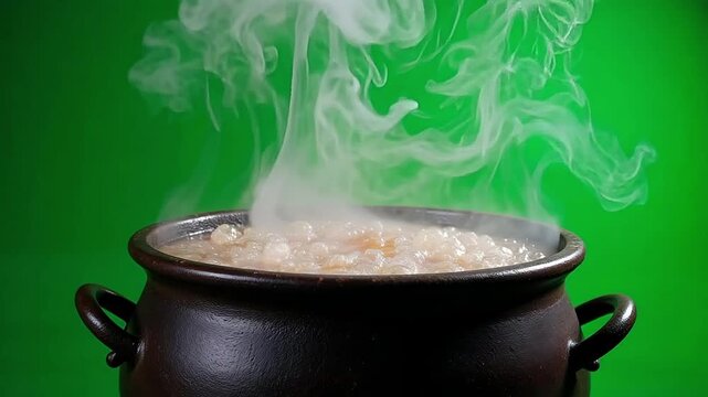 Bubbling witch's cauldron emitting mystical smoke, perfect for Halloween or fantasy themes, creating an enchanted atmosphere.