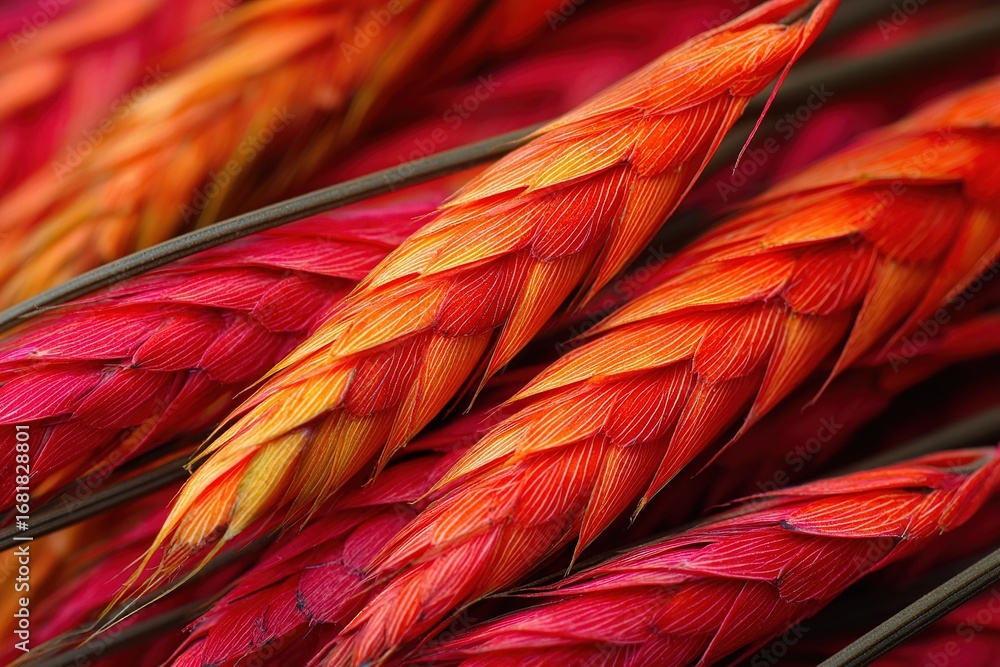 Poster vibrant red and orange plant parts display intricate textures and patterns under natural light in a 