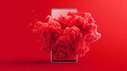 A smartphone surrounded by a vibrant red smoke cloud on a red background.