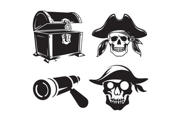 Pirate icons treasure chest skulls and spyglass