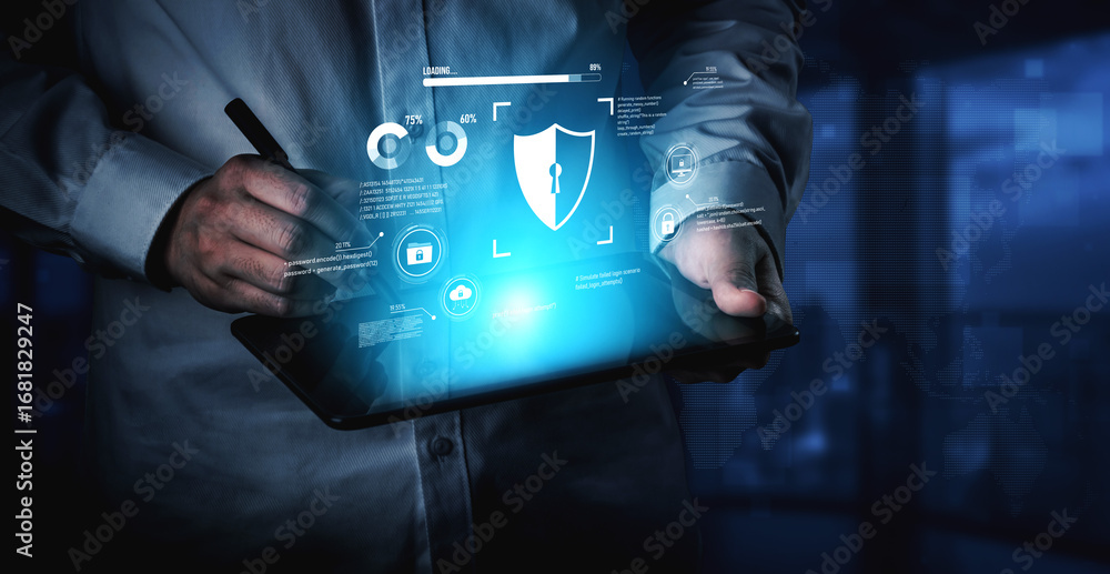 Poster cyber security protects against breaches, hacks, and network attacks using strong infrastructure and
