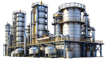 Large Industrial Oil Refinery Plant With Metal Towers And Pipes On Black Background industry isolated on a transparent background