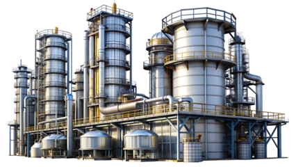 Large Industrial Oil Refinery Plant With Metal Towers And Pipes On Black Background industry isolated on a transparent background