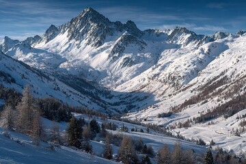 Snow-capped mountains surround a serene valley in the Alps during a clear winter day