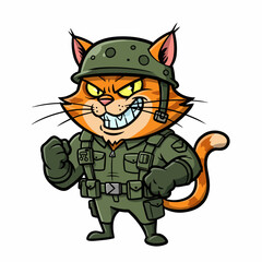Fierce cartoon soldier cat ready for action with determined expression and clenched fist