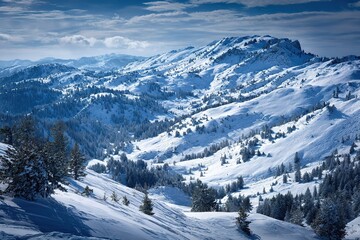 Fototapeta premium Snowy mountain landscape during winter with clear skies and distant peaks in the background
