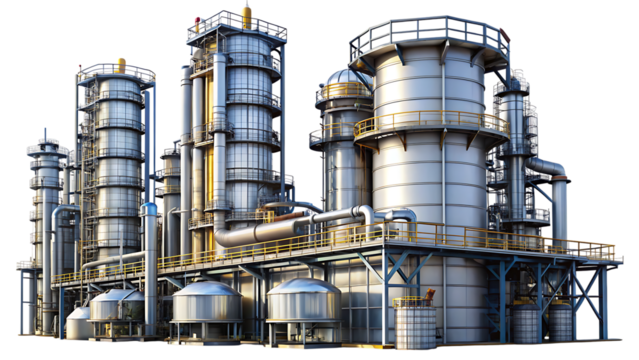 Large Industrial Oil Refinery Plant With Metal Towers And Pipes On Black Background industry isolated on a transparent background
