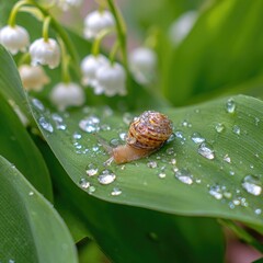 A delicate snail crawls across a vibrant green leaf covered in glistening water droplets, amidst a backdrop of lush lily of the valley flowers.