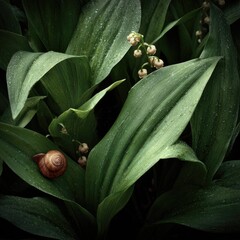 A detailed close-up view of a delicate snail resting amidst lush, dark green leaves speckled with water droplets, showcasing tiny clusters of delicate, pale flowers.
