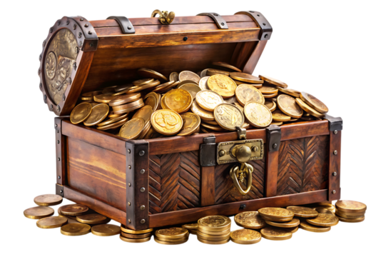 Open wooden treasure chest overflowing with gold coins on a black background graphic design isolated on a transparent background