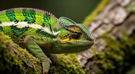 Fototapeta premium Vibrant green chameleon on mossy tree branch, showcasing spiky skin, striking colors, natural camouflage in blurred forest atmosphere. AI Generated