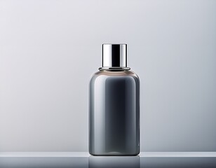 Naklejka premium Elegant silver capped bottle for premium skincare or beauty product packaging mockup in neutral studio setting
