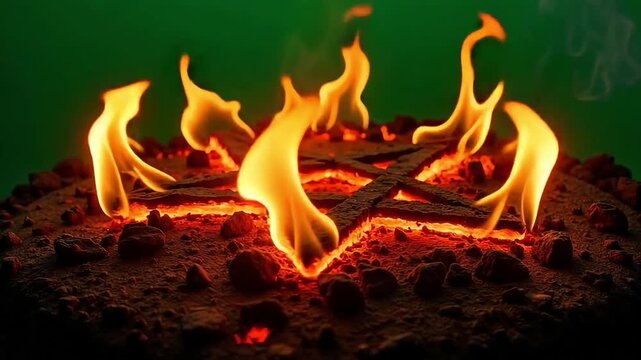 Dynamic pentagram engulfed in intense flames, creating a powerful and mysterious visual for occult or fantasy themes, captivating with its fiery energy.