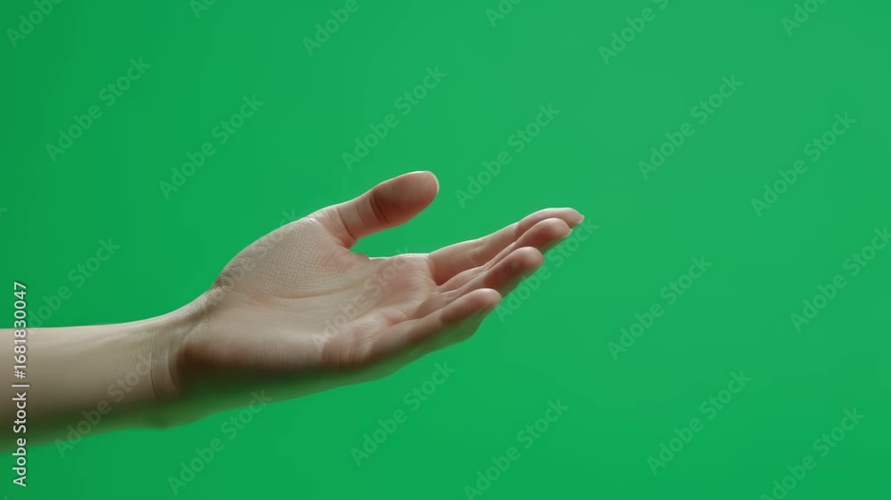 Poster human hand extending palm against vibrant green screen, ready for seamless compositing and adding cu