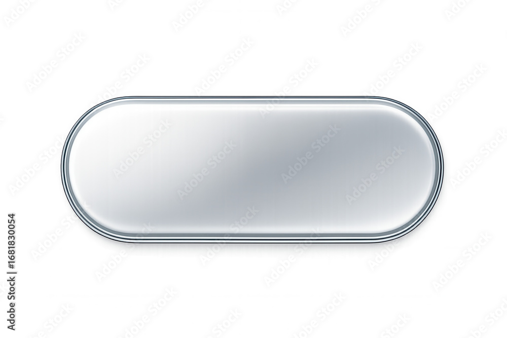 Poster glossy silver rounded rectangular button with metallic border on a transparent background, perfect f