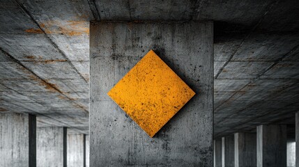 Yellow diamond shape stands out in concrete underground structure during the day