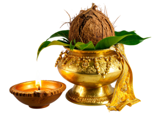  Golden Kalash for Varalakshmi Vratam with Ornamental Cloth, Coconut, and Lit Diya, Angled Perspective, Isolated (2)