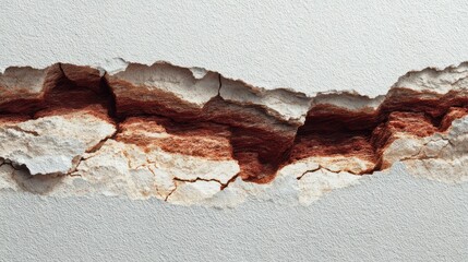 Close-up macro of cracked white plaster wall revealing red earthy fissure, rough and weathered texture – architectural decay, natural erosion, aged surface, rustic detail, damaged concrete, textured 