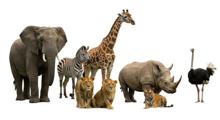 Majestic African wildlife (elephant, giraffe, zebra, lion, rhino, tiger, ostrich) stand peacefully in a lush green savanna under soft high-key light, concept of global biodiversity and peaceful