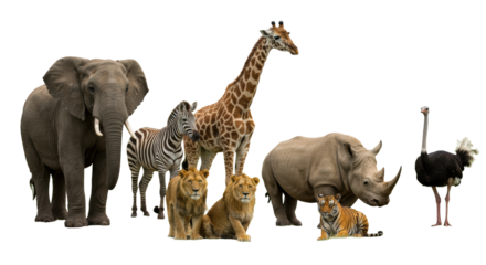 Majestic African wildlife (elephant, giraffe, zebra, lion, rhino, tiger, ostrich) stand peacefully in a lush green savanna under soft high-key light, concept of global biodiversity and peaceful